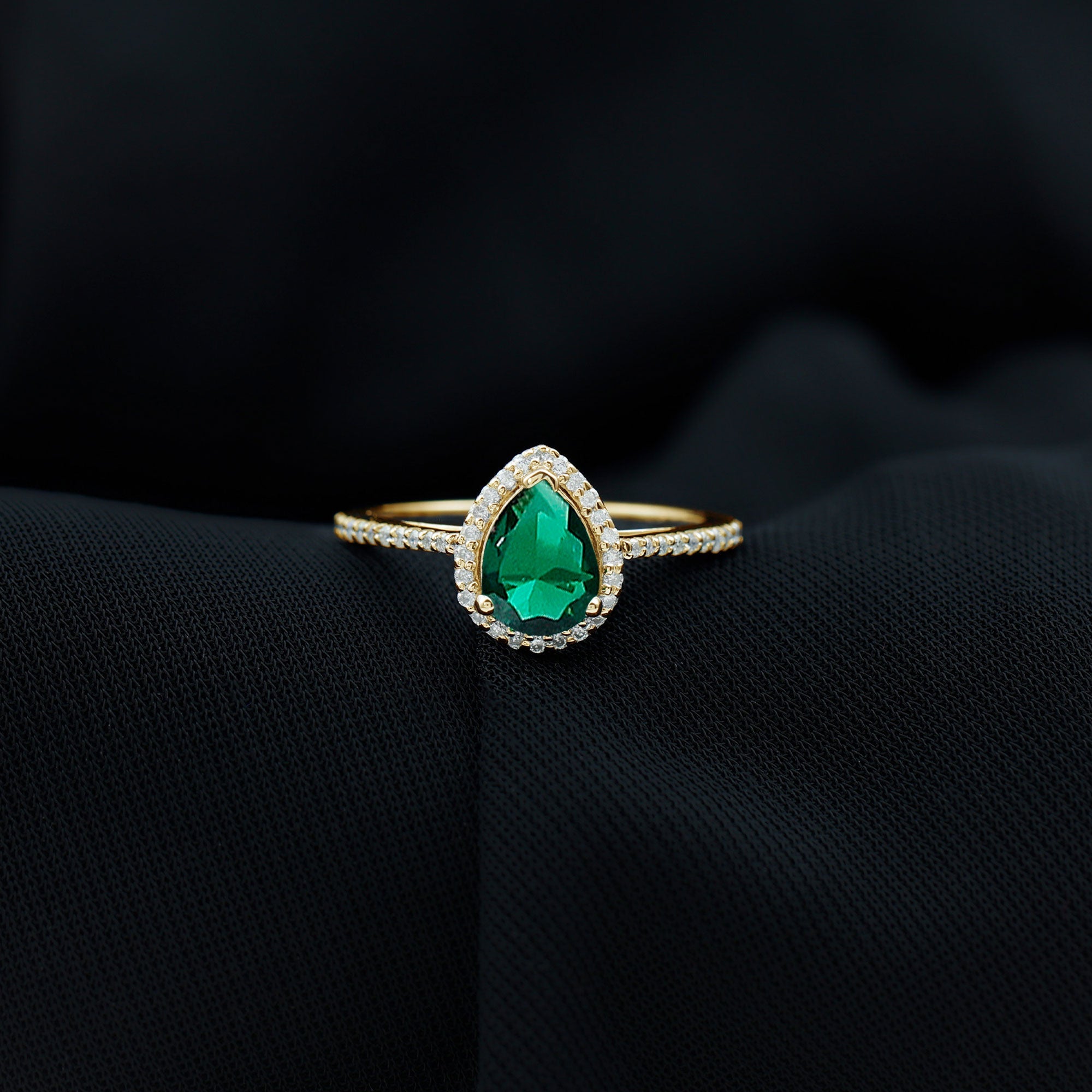 Certified Lab Grown Emerald Teardrop Engagement Ring with Diamond Halo