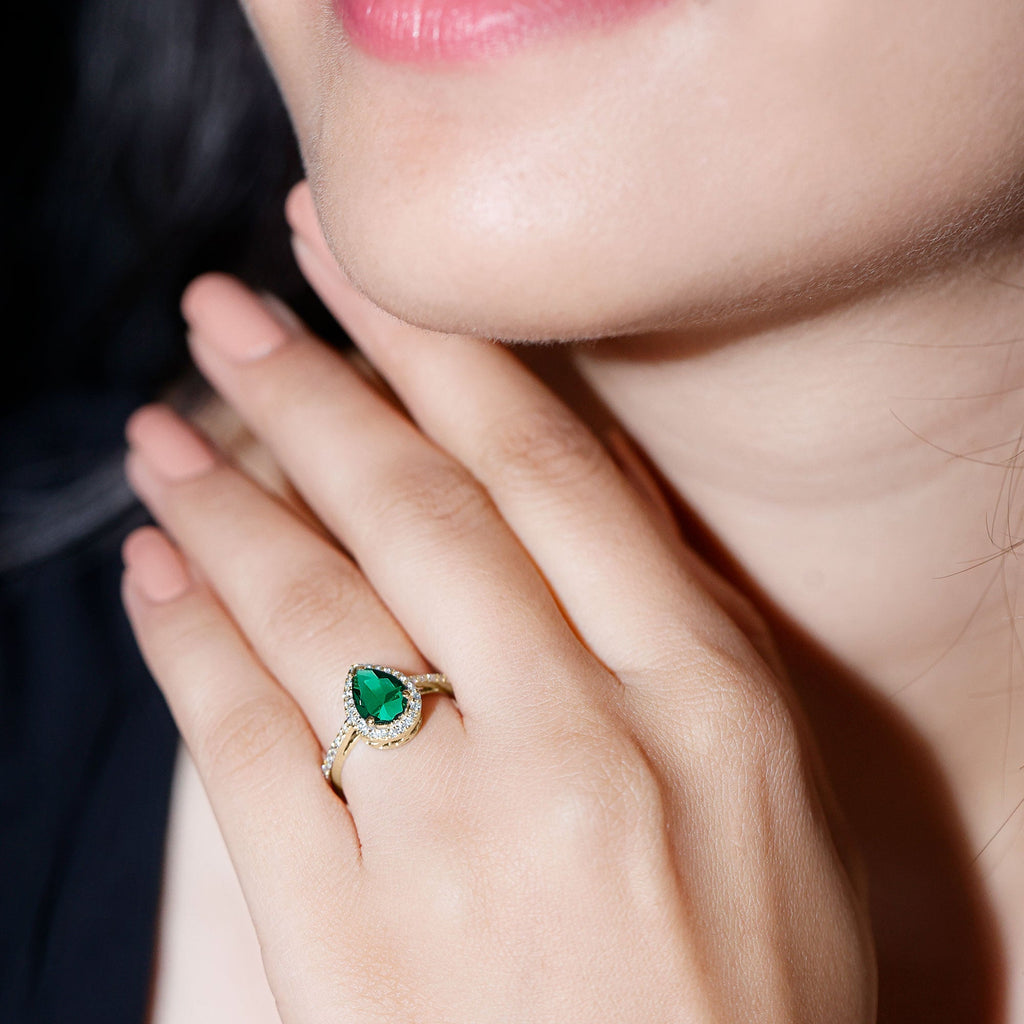 Certified Lab Grown Emerald Teardrop Engagement Ring with Diamond Halo