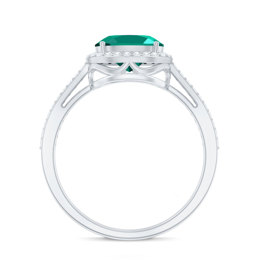 Certified Oval Lab Grown Emerald East West Engagement Ring with Diamond Halo