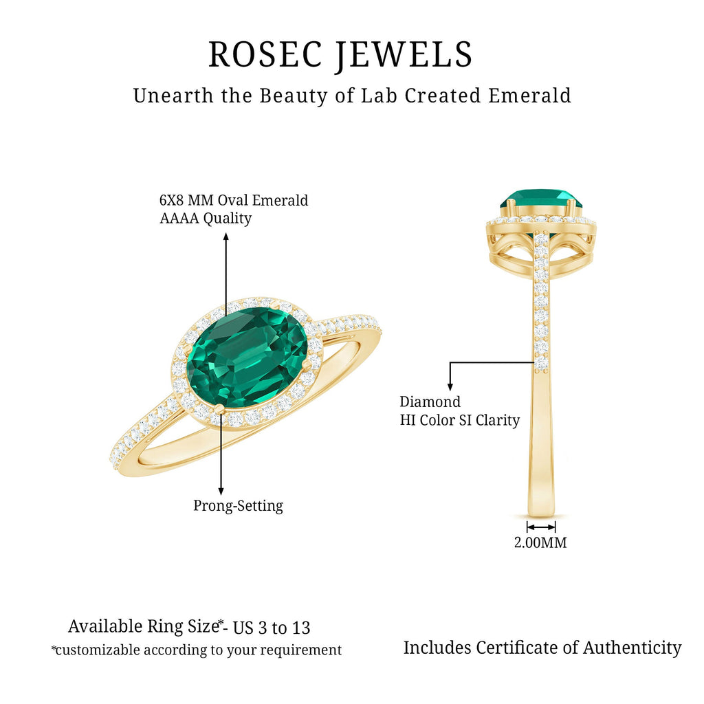 Certified Oval Lab Grown Emerald East West Engagement Ring with Diamond Halo
