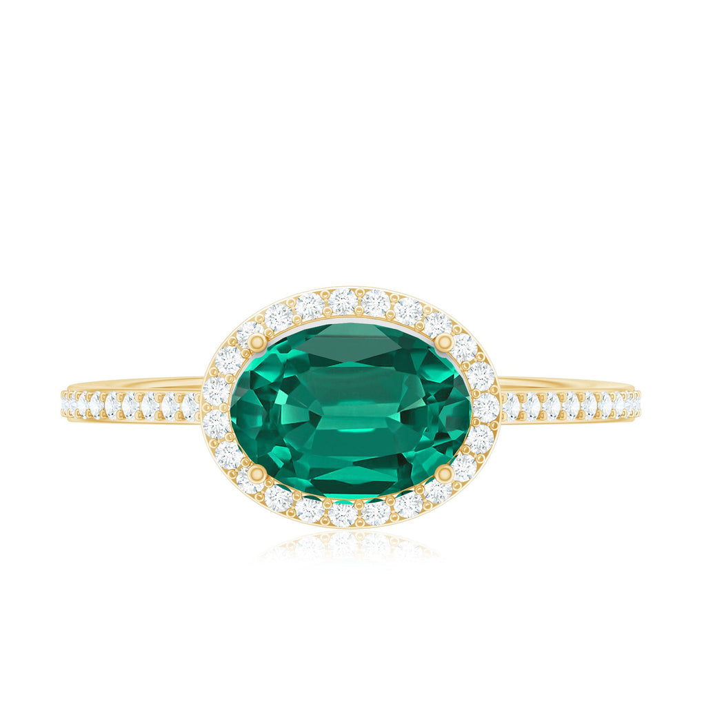 Certified Oval Lab Grown Emerald East West Engagement Ring with Diamond Halo