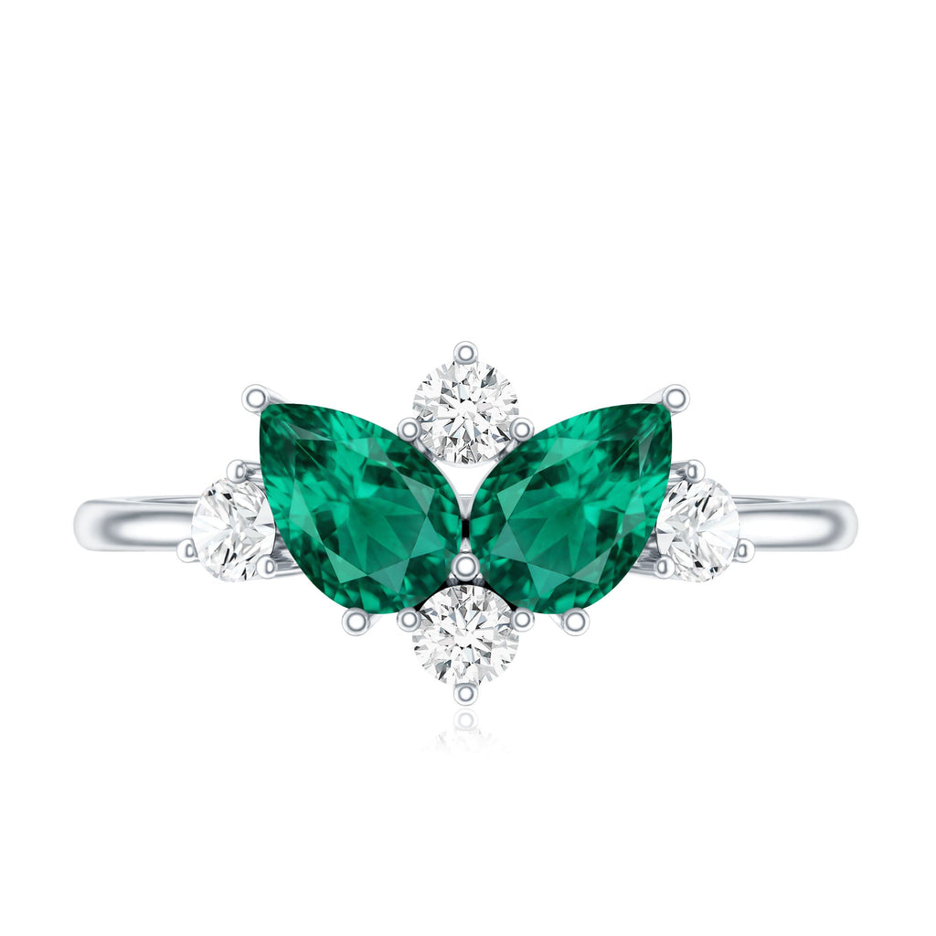 Designer Pear Shape Lab Grown Emerald Toi Et Moi Engagement Ring with Diamond