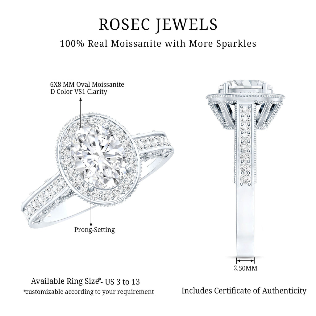 6X8 MM Oval Moissanite Victorian Engagement Ring with Halo
