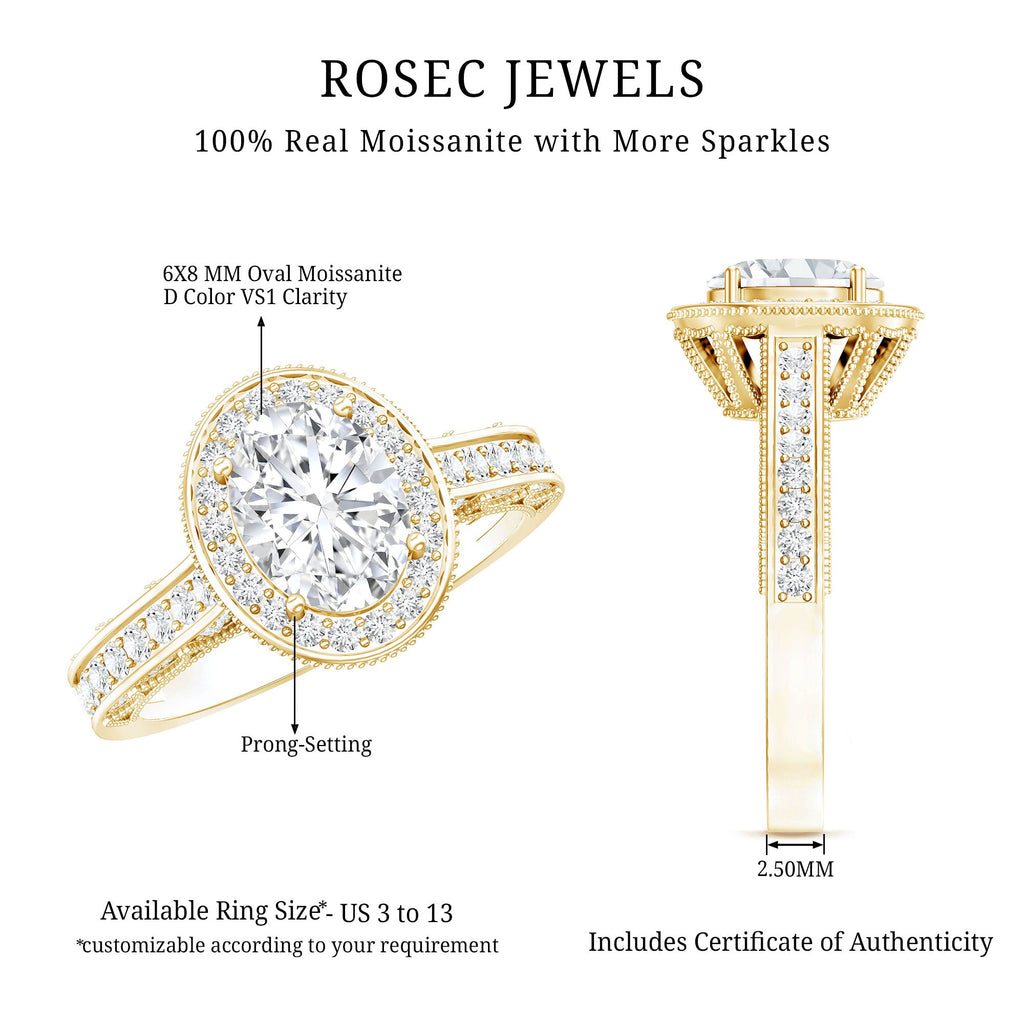 6X8 MM Oval Moissanite Victorian Engagement Ring with Halo
