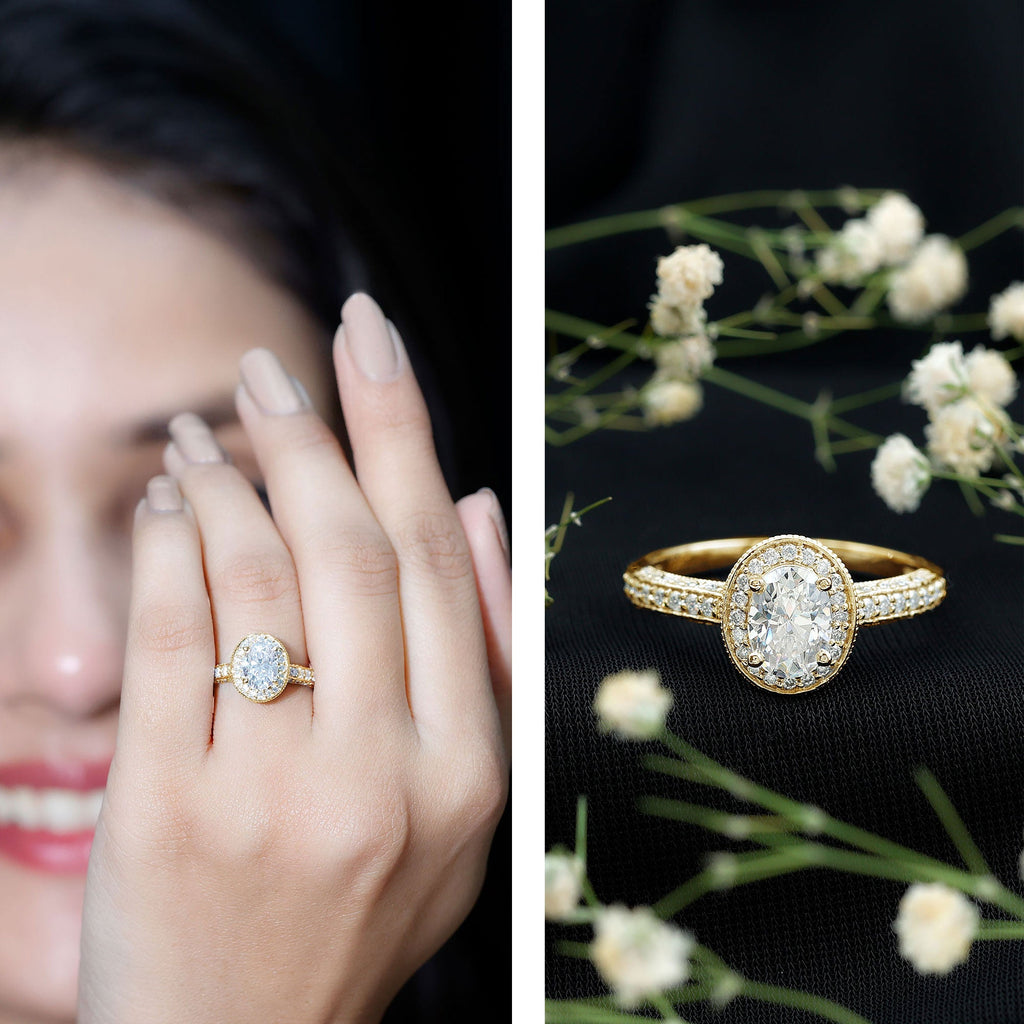 6X8 MM Oval Moissanite Victorian Engagement Ring with Halo