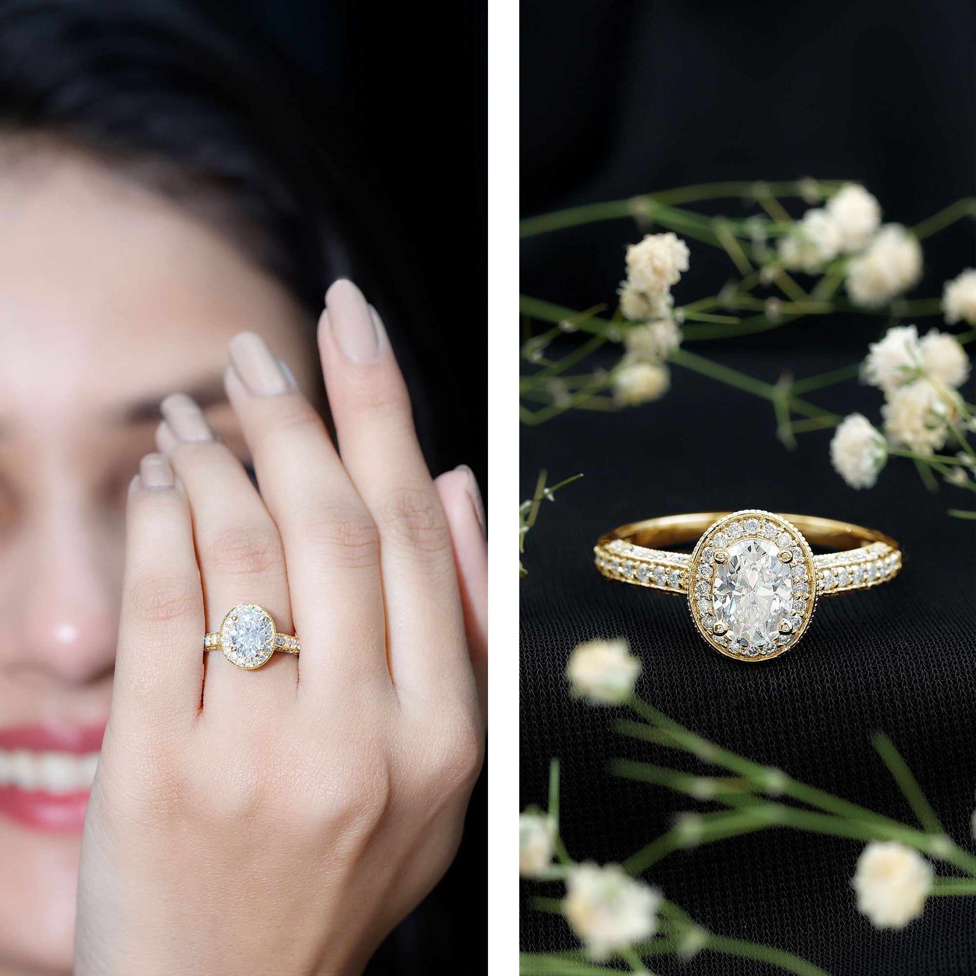 6X8 MM Oval Moissanite Victorian Engagement Ring with Halo