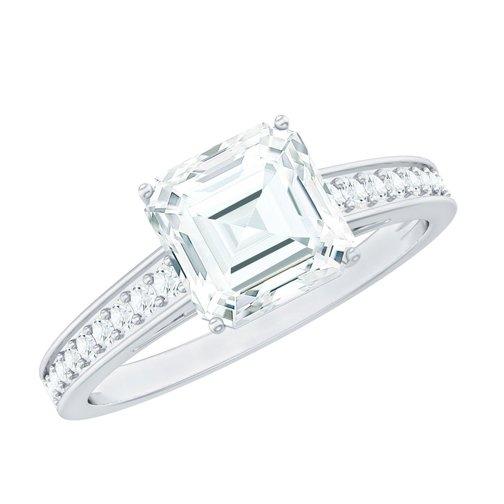 Asscher Cut 3 Carat Moissanite Solitaire Engagement Ring with Side Stones