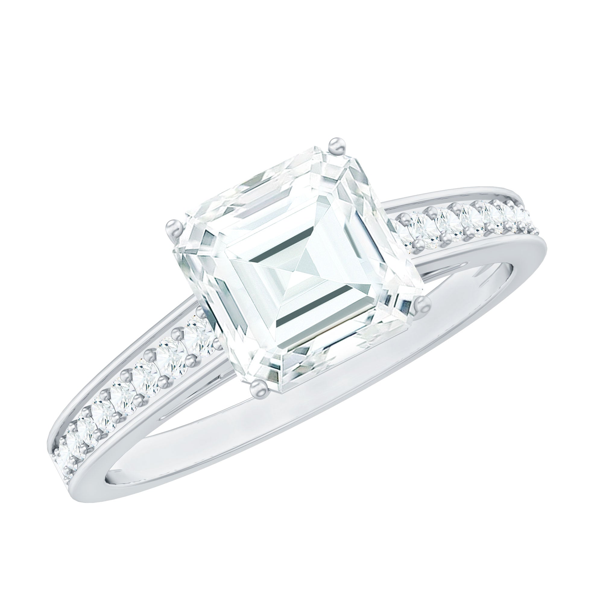 Asscher Cut 3 Carat Moissanite Solitaire Engagement Ring with Side Stones