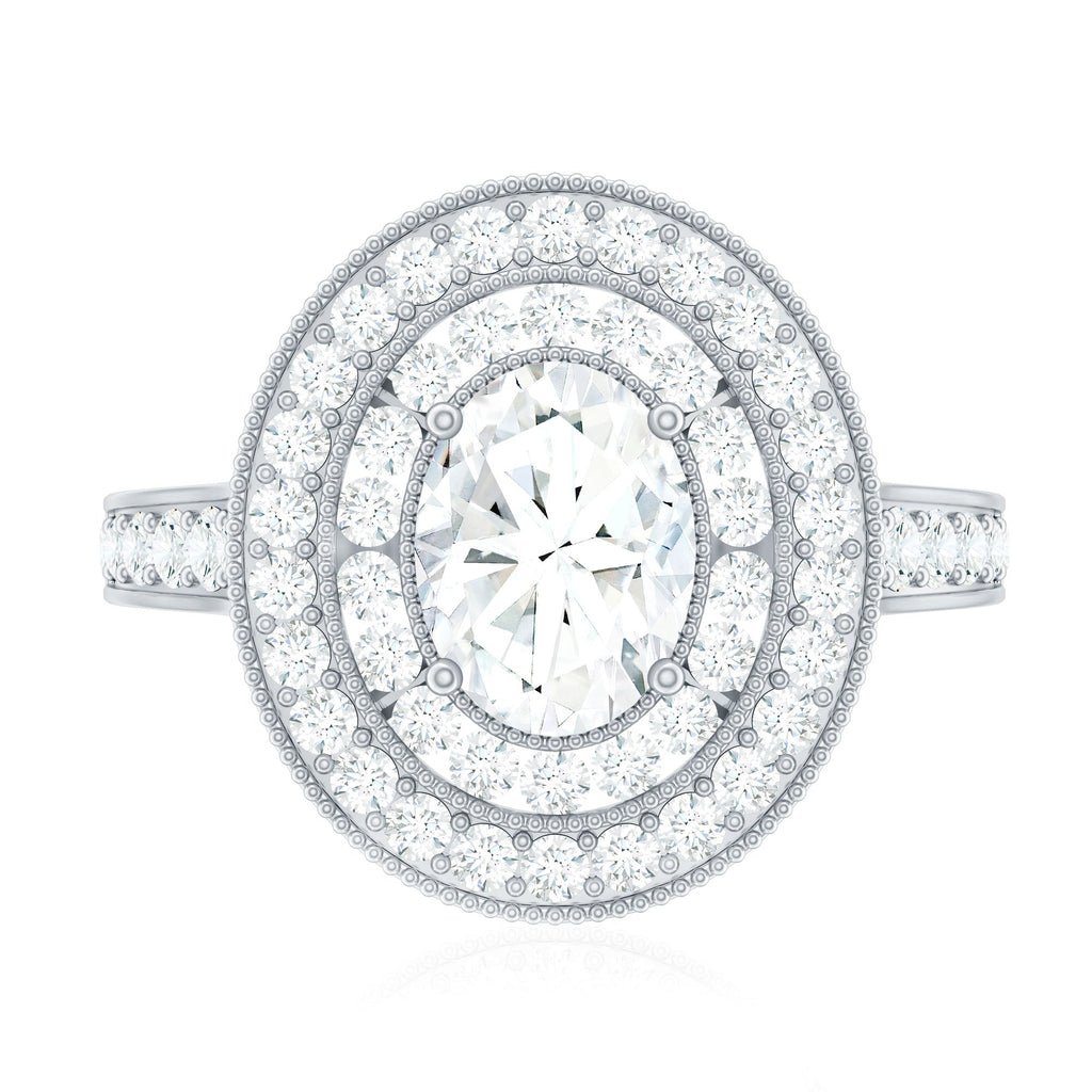 Milgrain Embellished Oval Moissanite Double Halo Engagement Ring