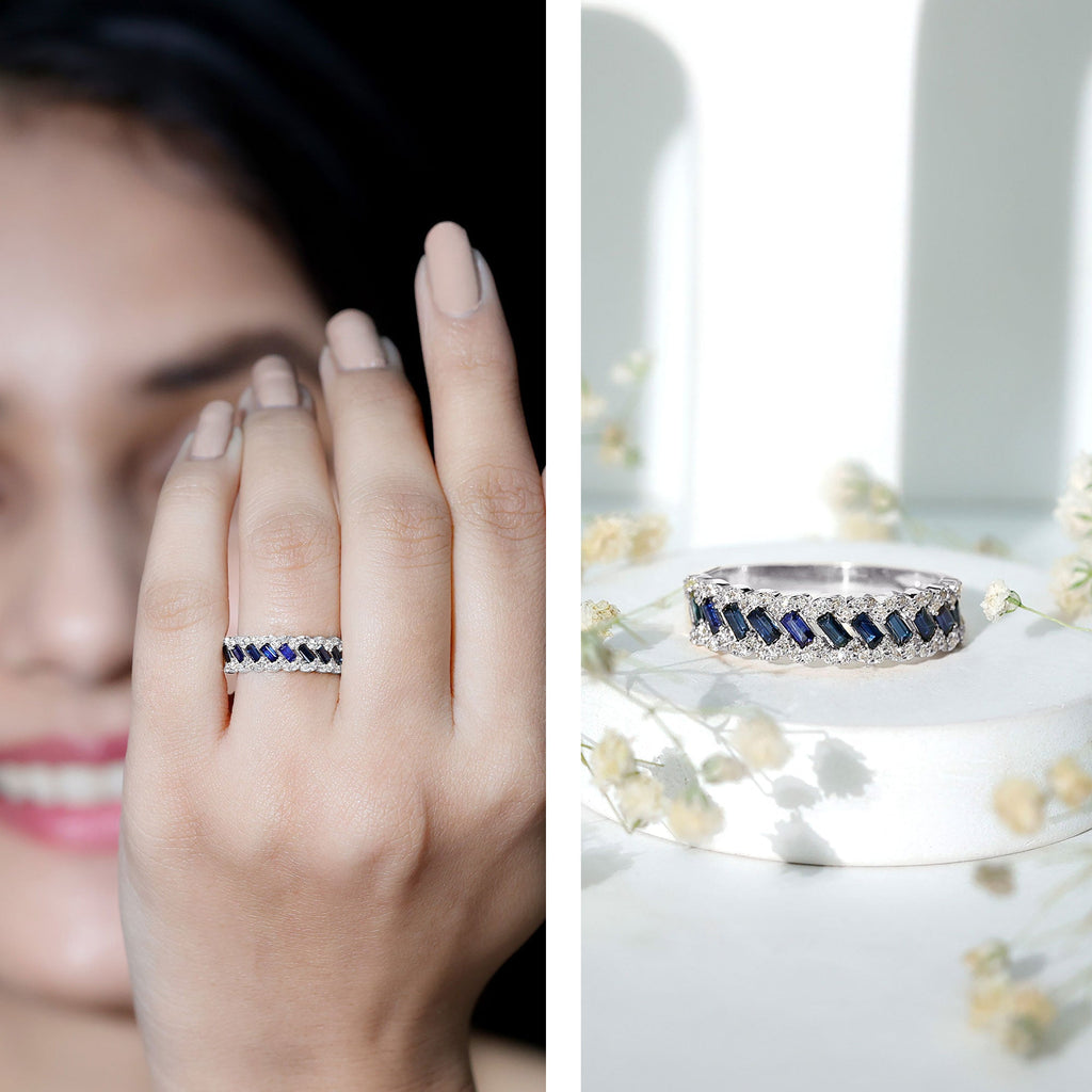 Natural Baguette Blue Sapphire Half Eternity Ring with Diamond