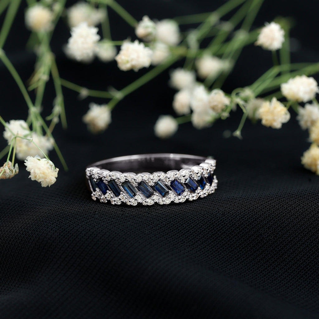 Natural Baguette Blue Sapphire Half Eternity Ring with Diamond