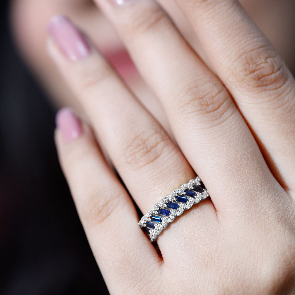 Natural Baguette Blue Sapphire Half Eternity Ring with Diamond
