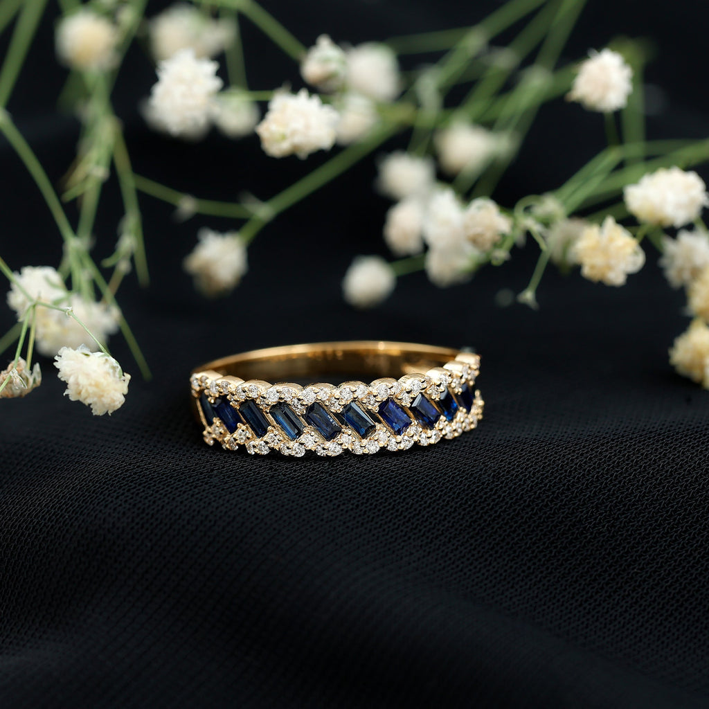 Natural Baguette Blue Sapphire Half Eternity Ring with Diamond