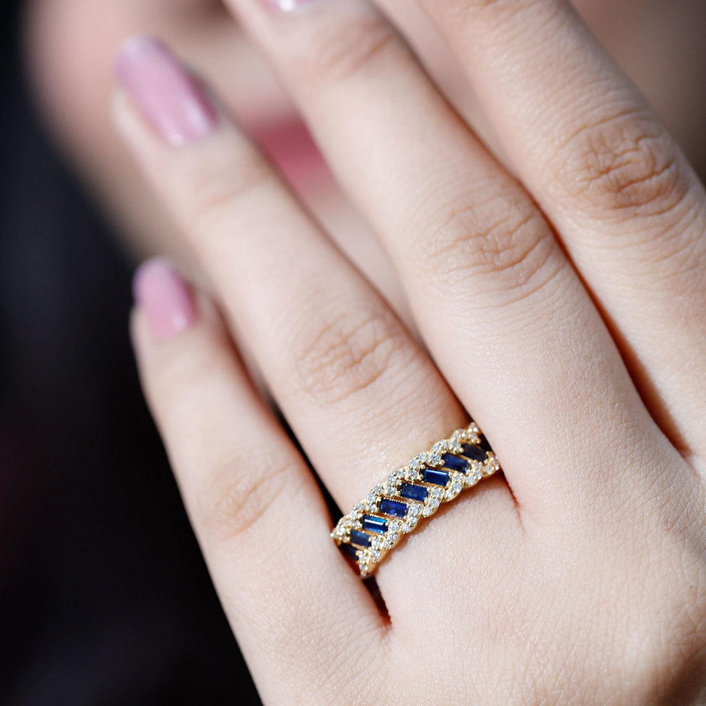 Natural Baguette Blue Sapphire Half Eternity Ring with Diamond