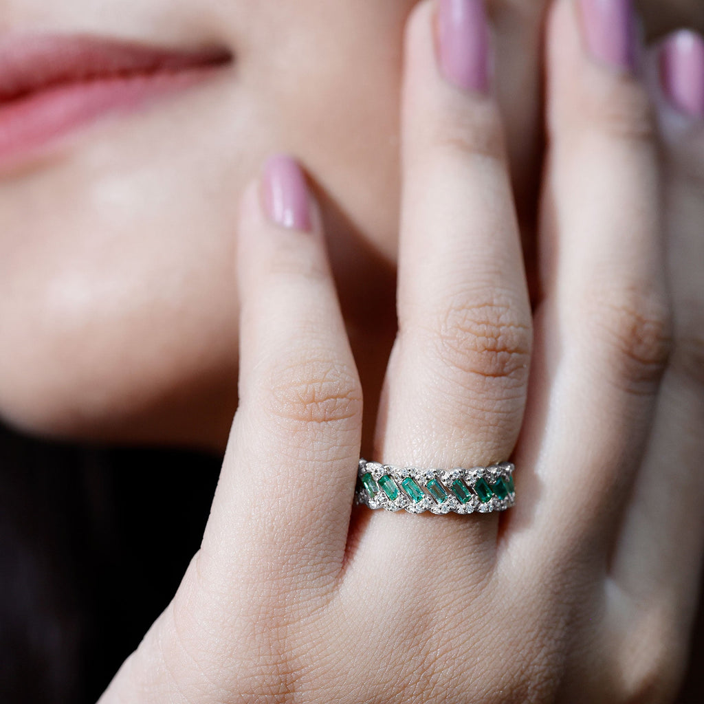 Baguette Emerald and Diamond Braided Half Eternity Band Ring