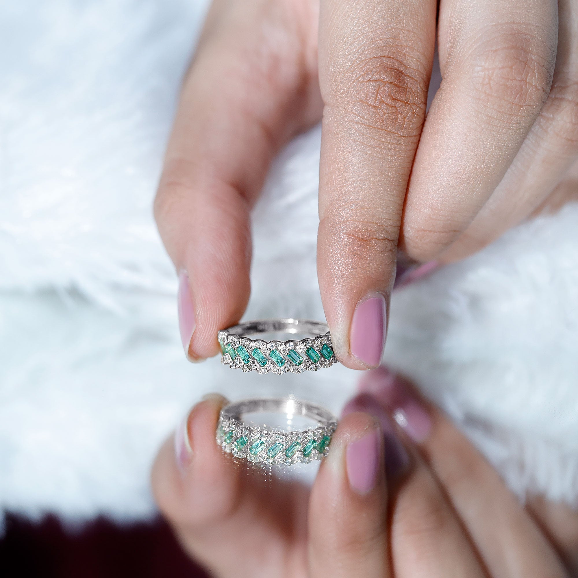 Baguette Emerald and Diamond Braided Half Eternity Band Ring