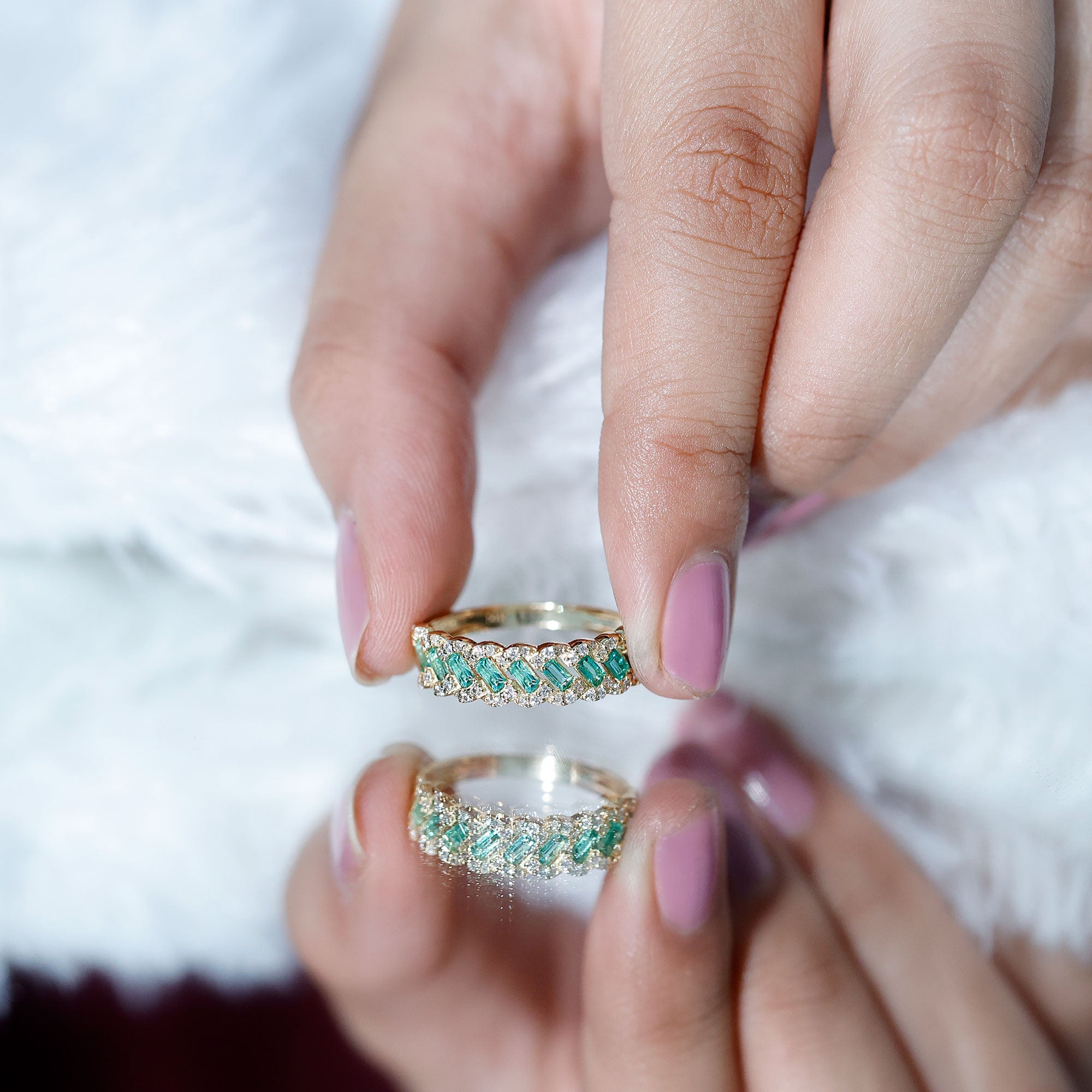 Baguette Emerald and Diamond Braided Half Eternity Band Ring