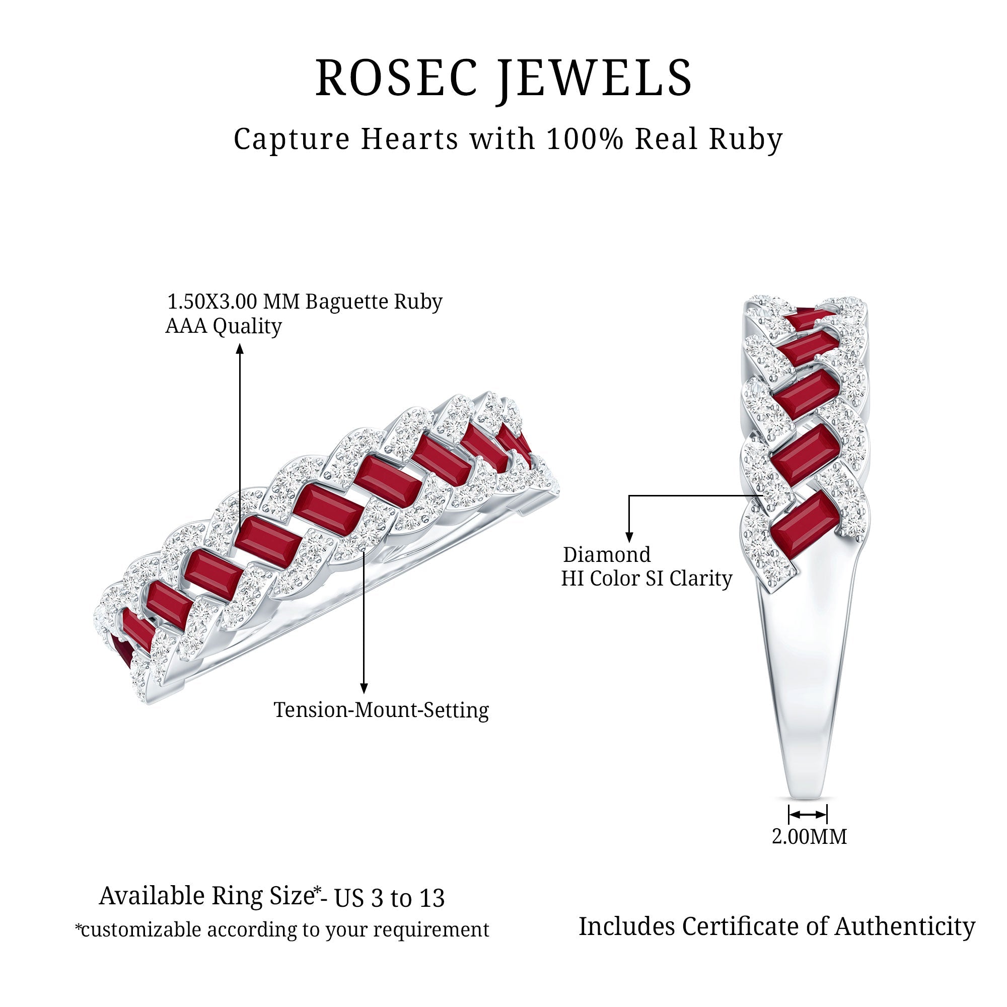 Natural Baguette Ruby Half Eternity Band with Diamond