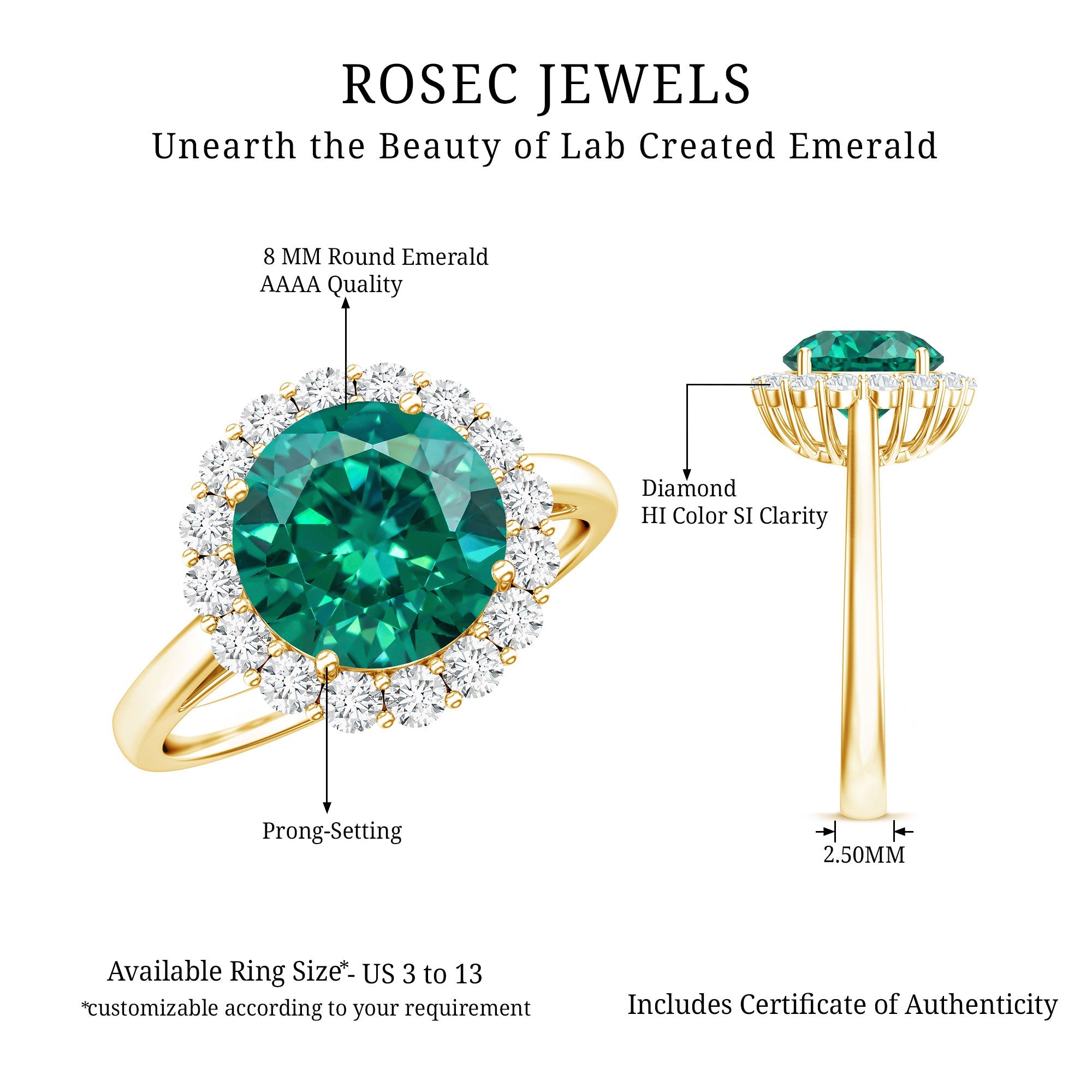 2 Carat Lab Grown Emerald Classic Engagement Ring with Diamond Halo