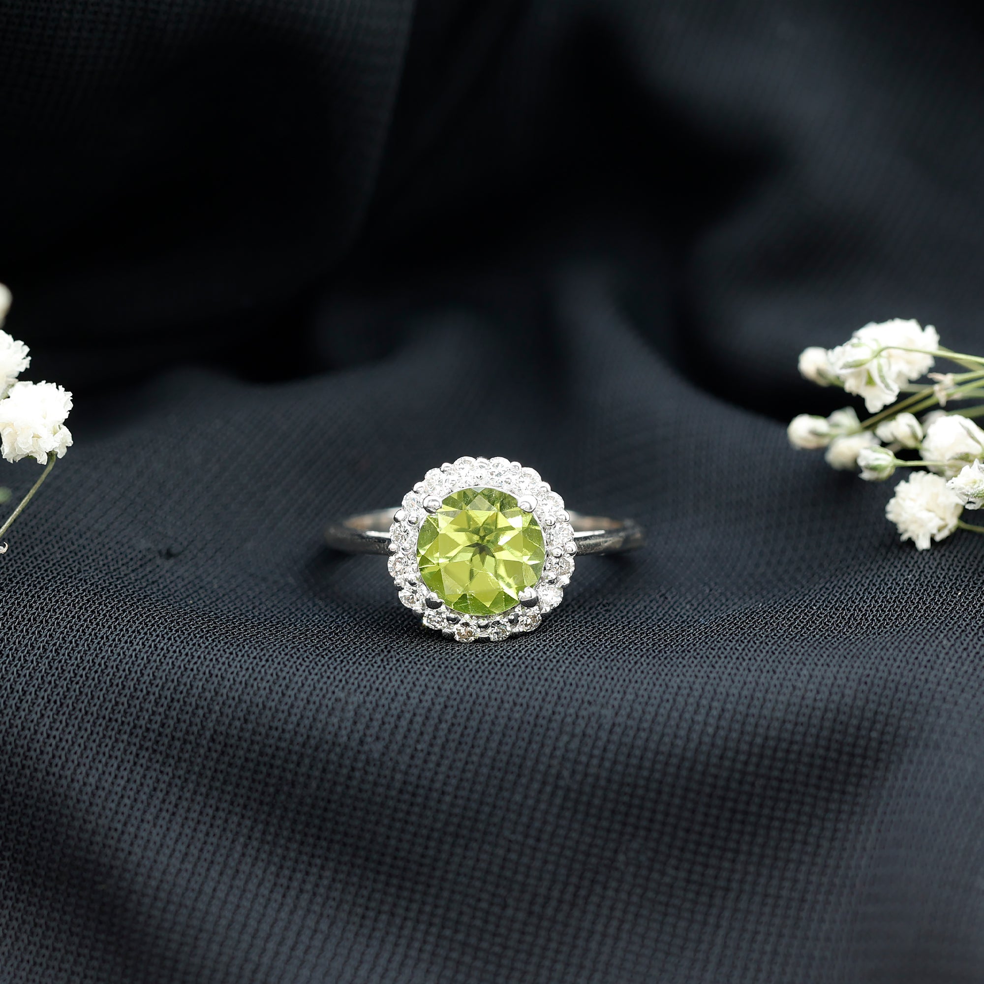 2 Carat Round Peridot and Diamond Halo Engagement Ring