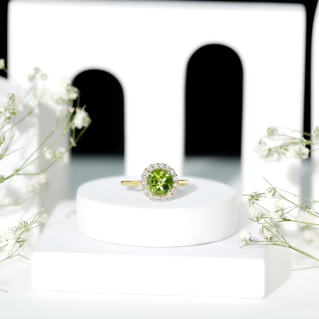 2 Carat Round Peridot and Diamond Halo Engagement Ring
