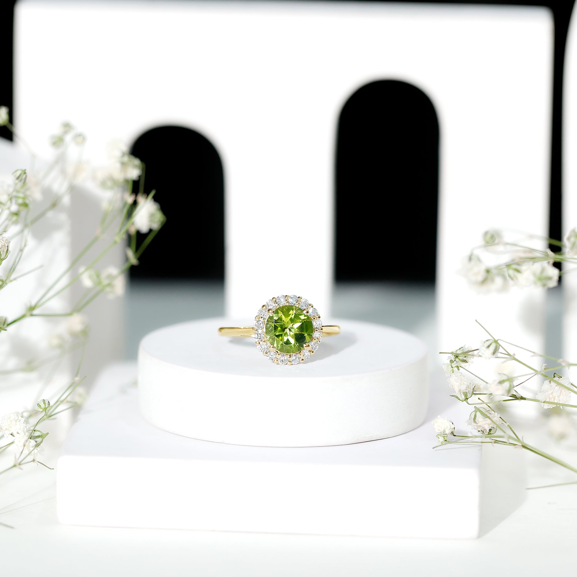 2 Carat Round Peridot and Diamond Halo Engagement Ring