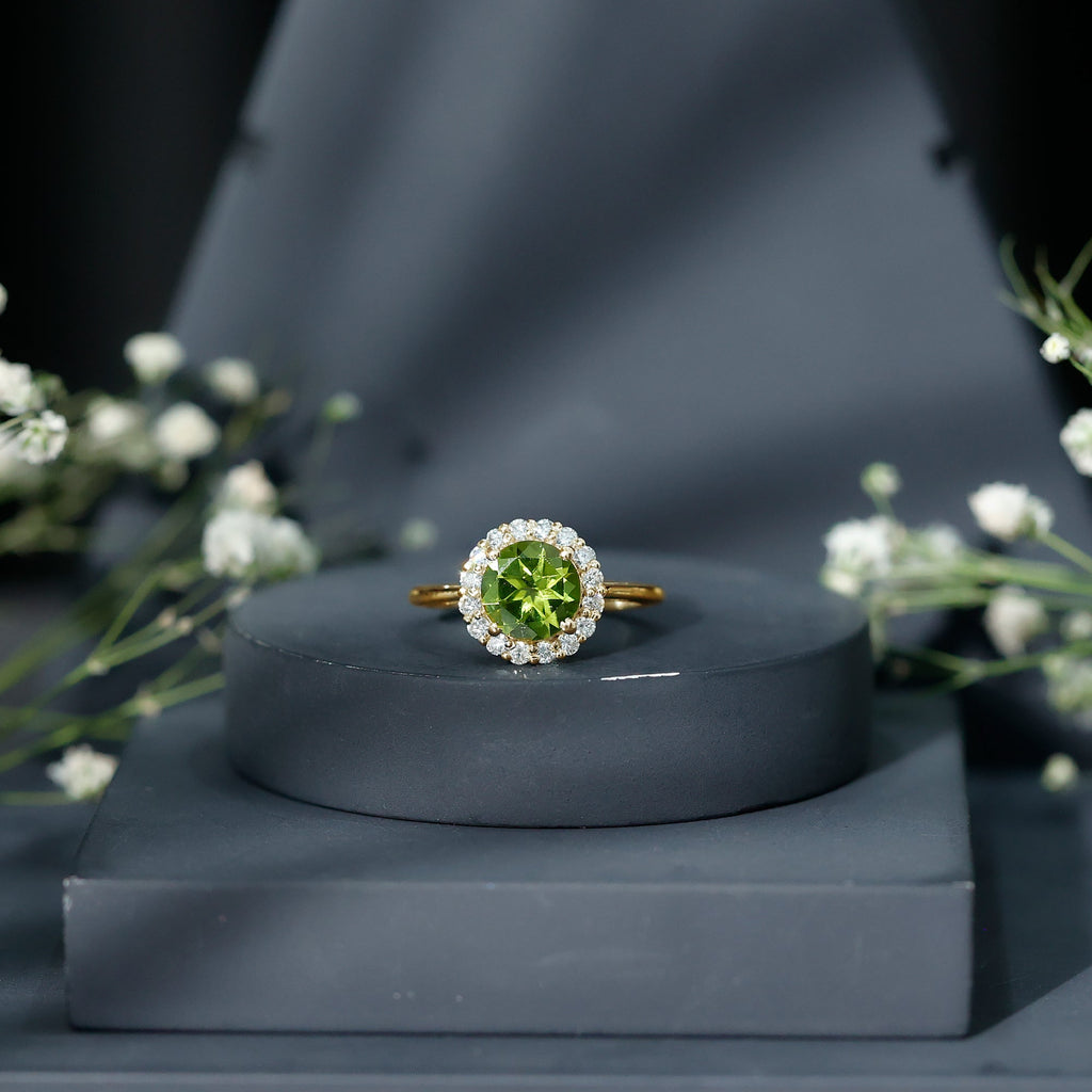 2 Carat Round Peridot and Diamond Halo Engagement Ring