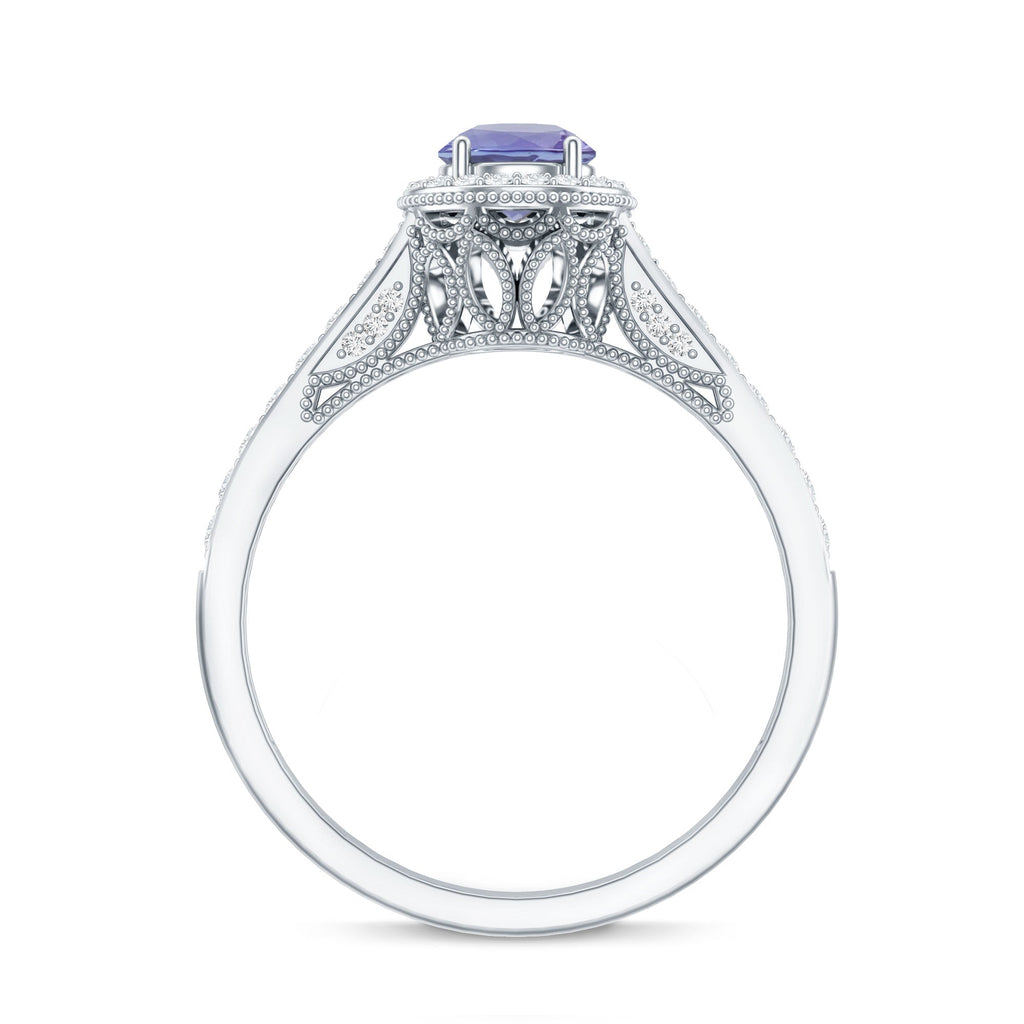 Vintage Style Tanzanite Engagement Ring with Diamond Halo