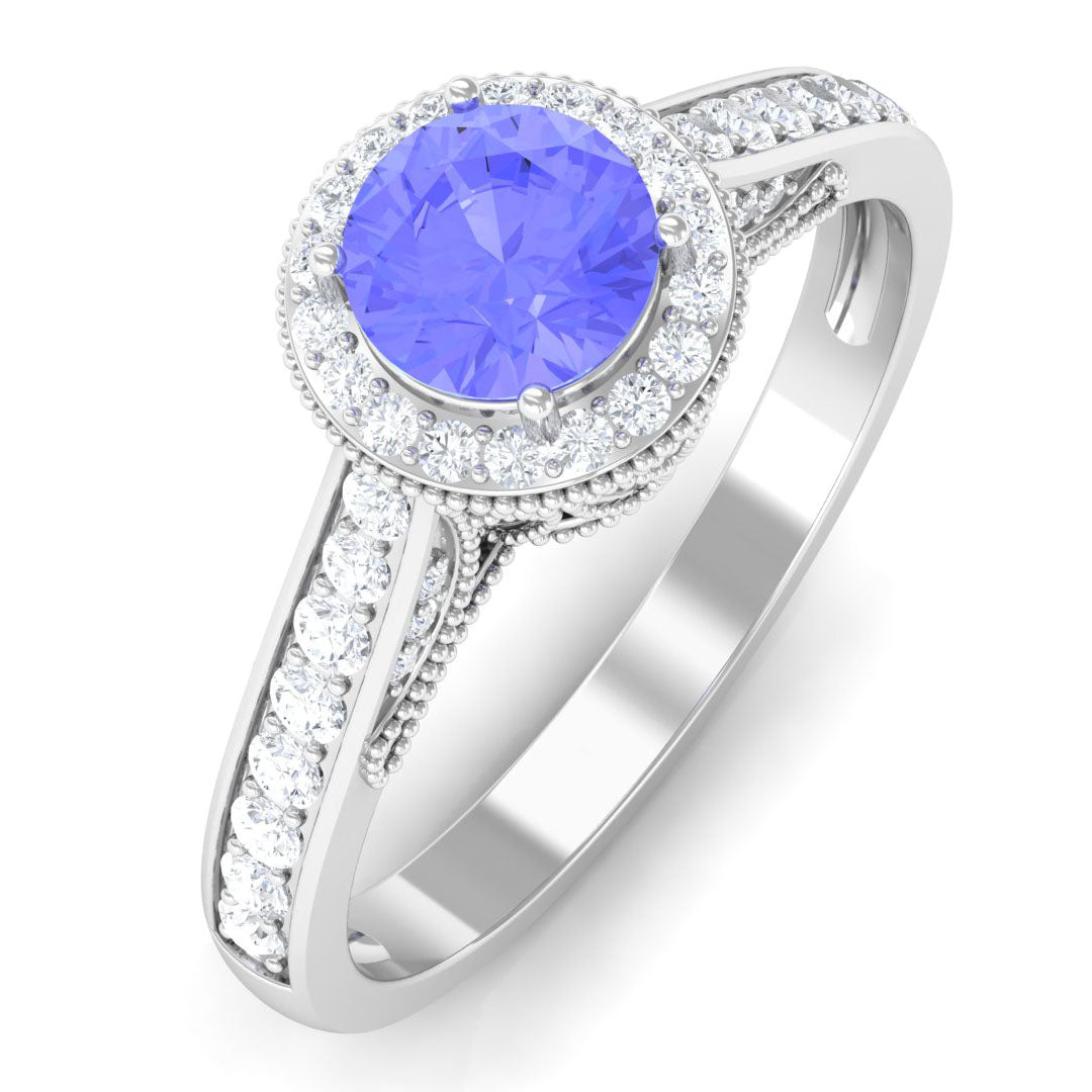 Vintage Style Tanzanite Engagement Ring with Diamond Halo