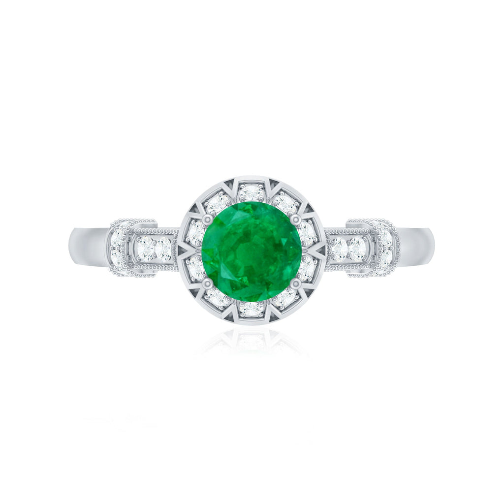Vintage Inspired Emerald Engagement Ring with Diamond