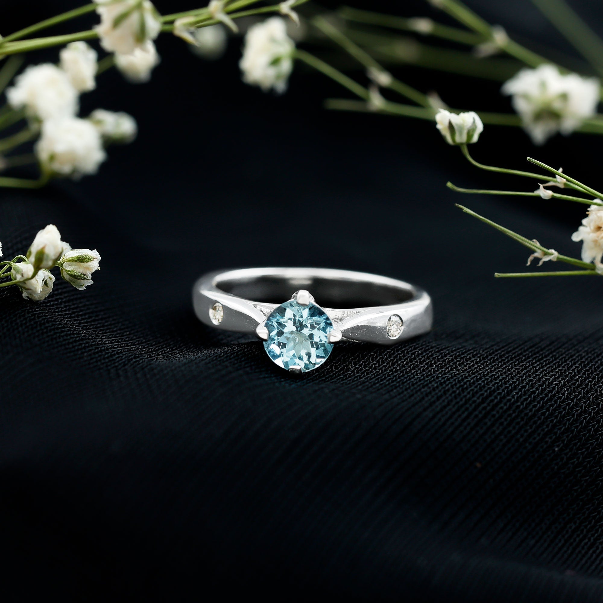 6 MM Certified Aquamarine Solitaire Promise Ring with Diamond