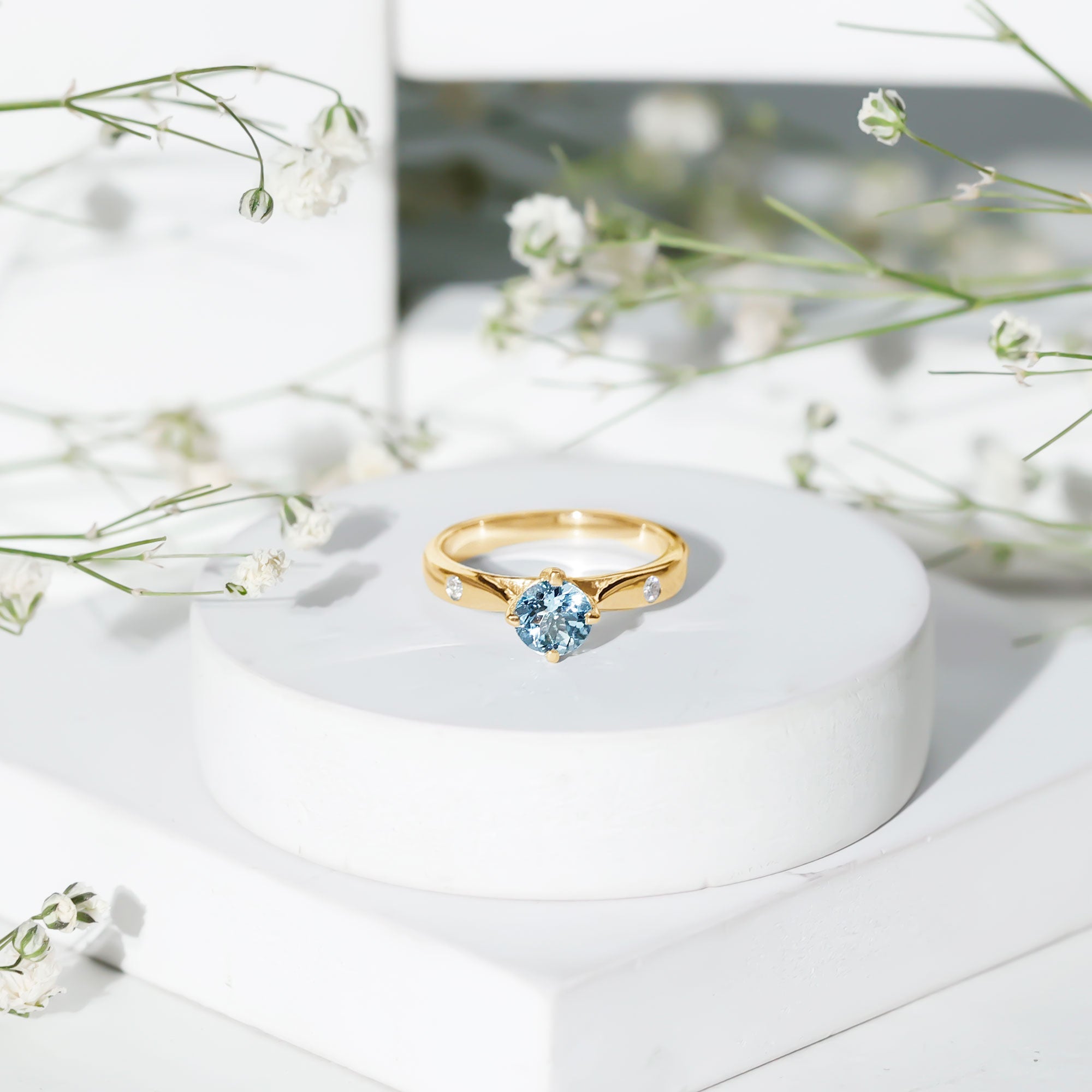 6 MM Certified Aquamarine Solitaire Promise Ring with Diamond