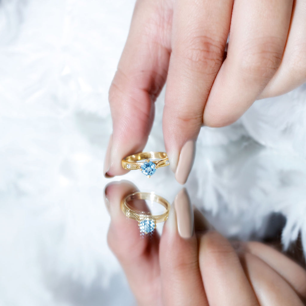 6 MM Certified Aquamarine Solitaire Promise Ring with Diamond