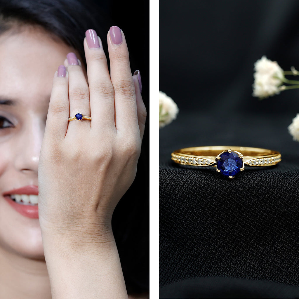 Natural 0.9 Carat Blue Sapphire Engagement Ring with Diamond
