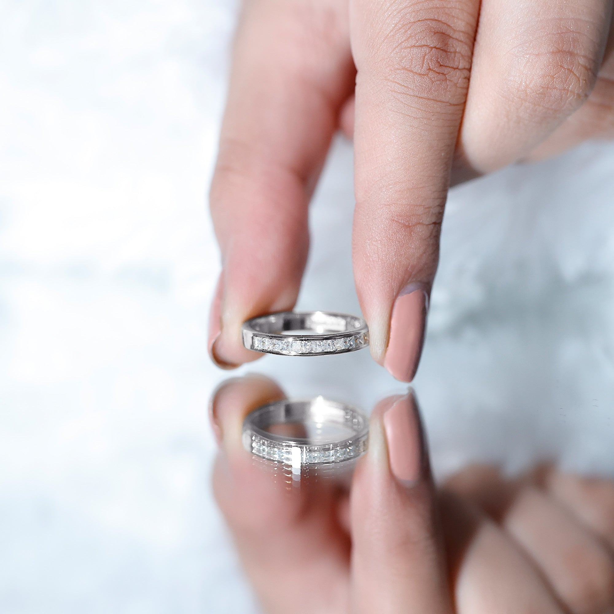Princess Cut Moissanite Half Eternity Band Ring in Channel Setting