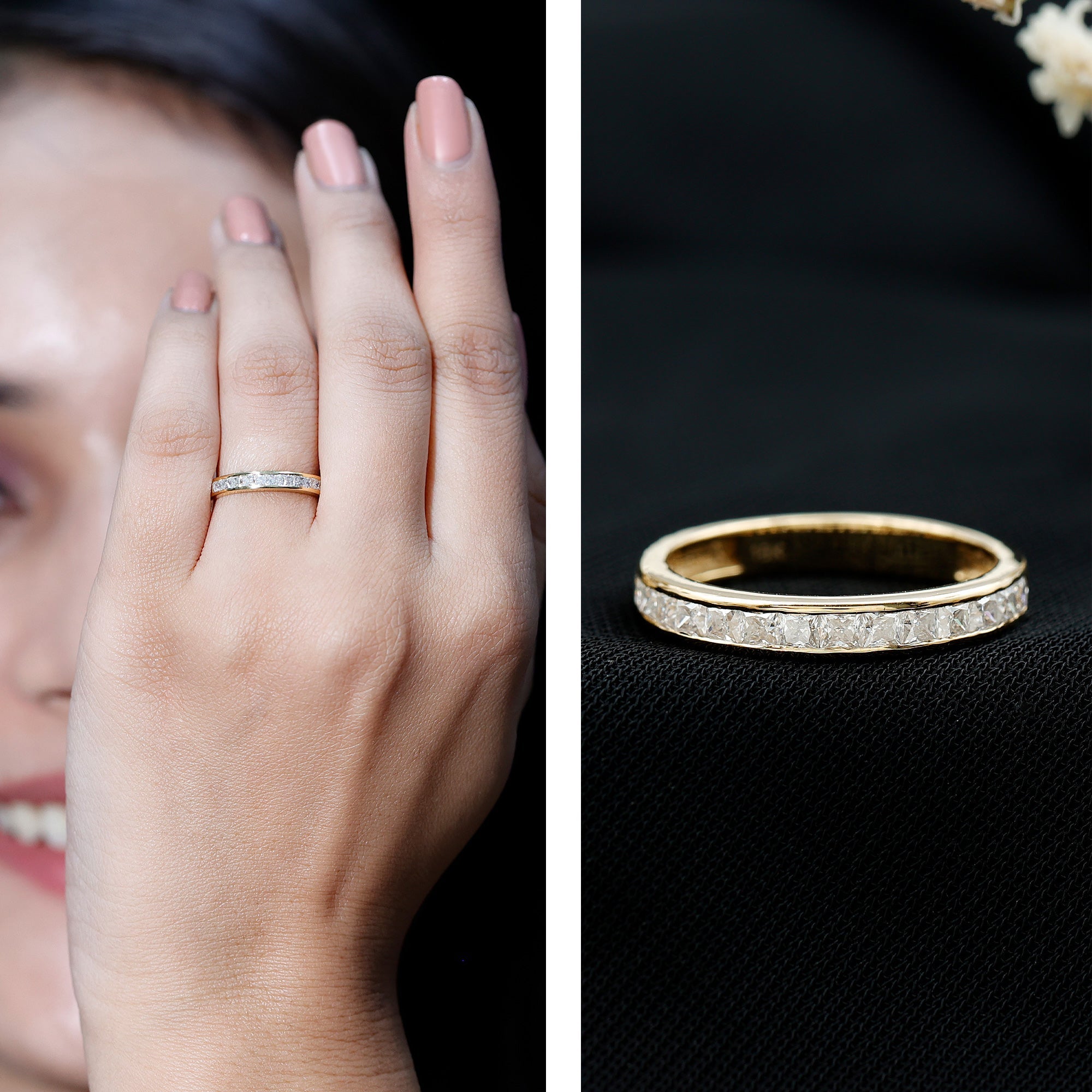 Princess Cut Moissanite Half Eternity Band Ring in Channel Setting