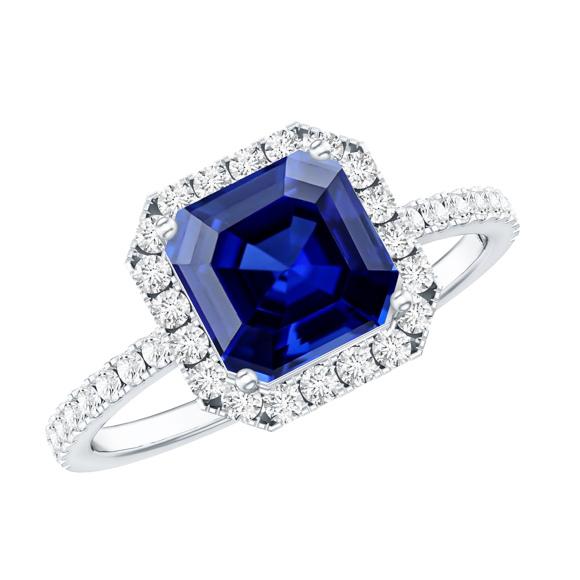 Certified 4.8 Carat Lab Grown Blue Sapphire Asscher Cut Engagement Ring with Diamond Halo