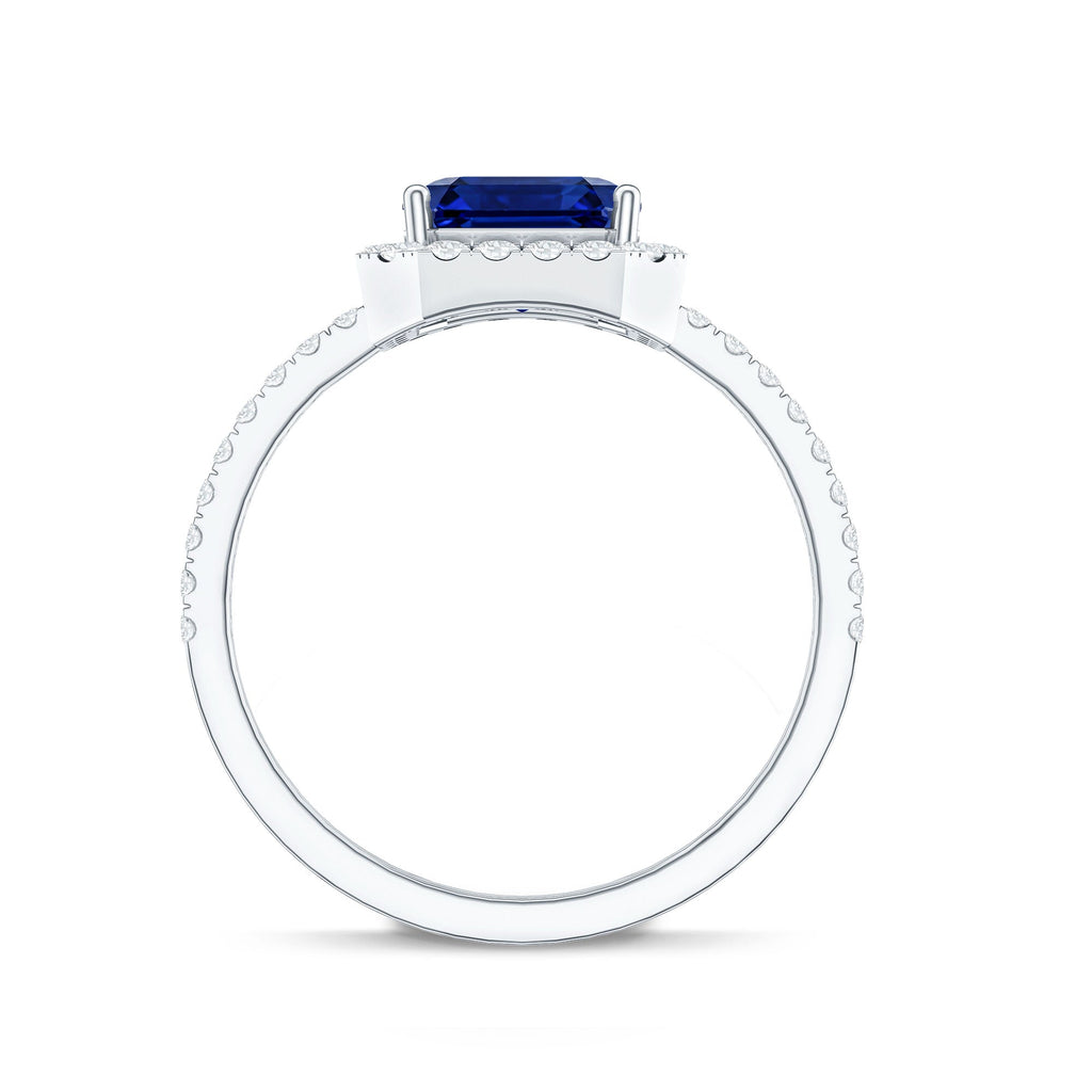 Certified 4.8 Carat Lab Grown Blue Sapphire Asscher Cut Engagement Ring with Diamond Halo