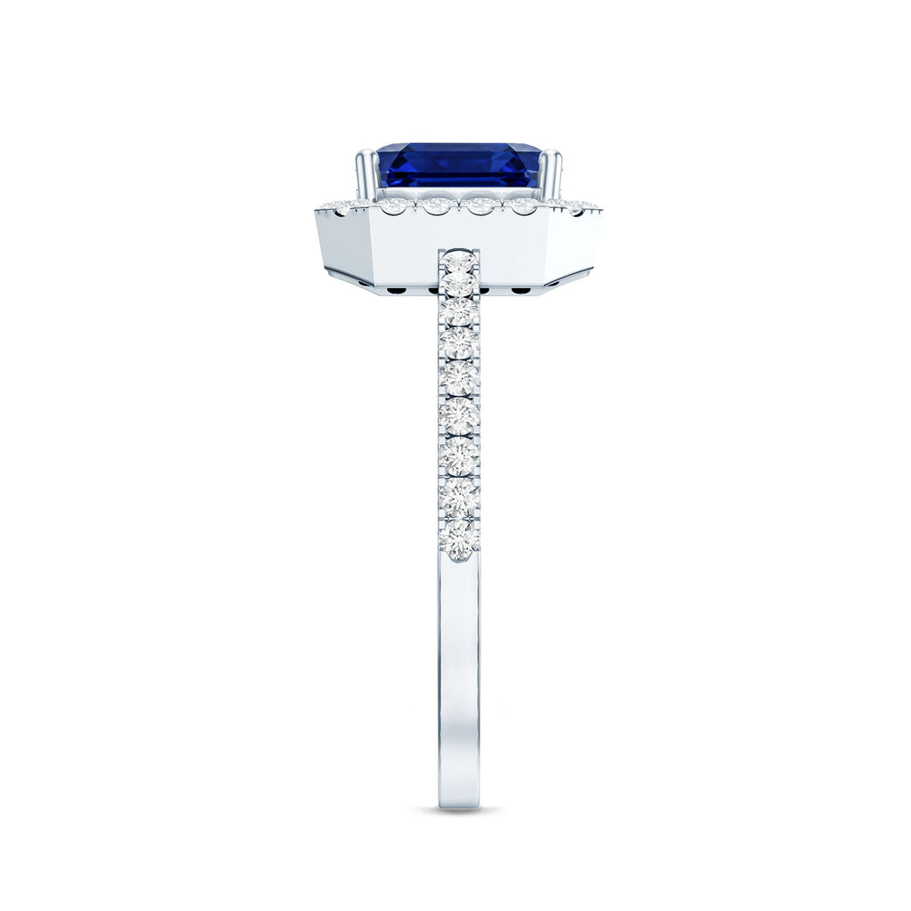Certified 4.8 Carat Lab Grown Blue Sapphire Asscher Cut Engagement Ring with Diamond Halo