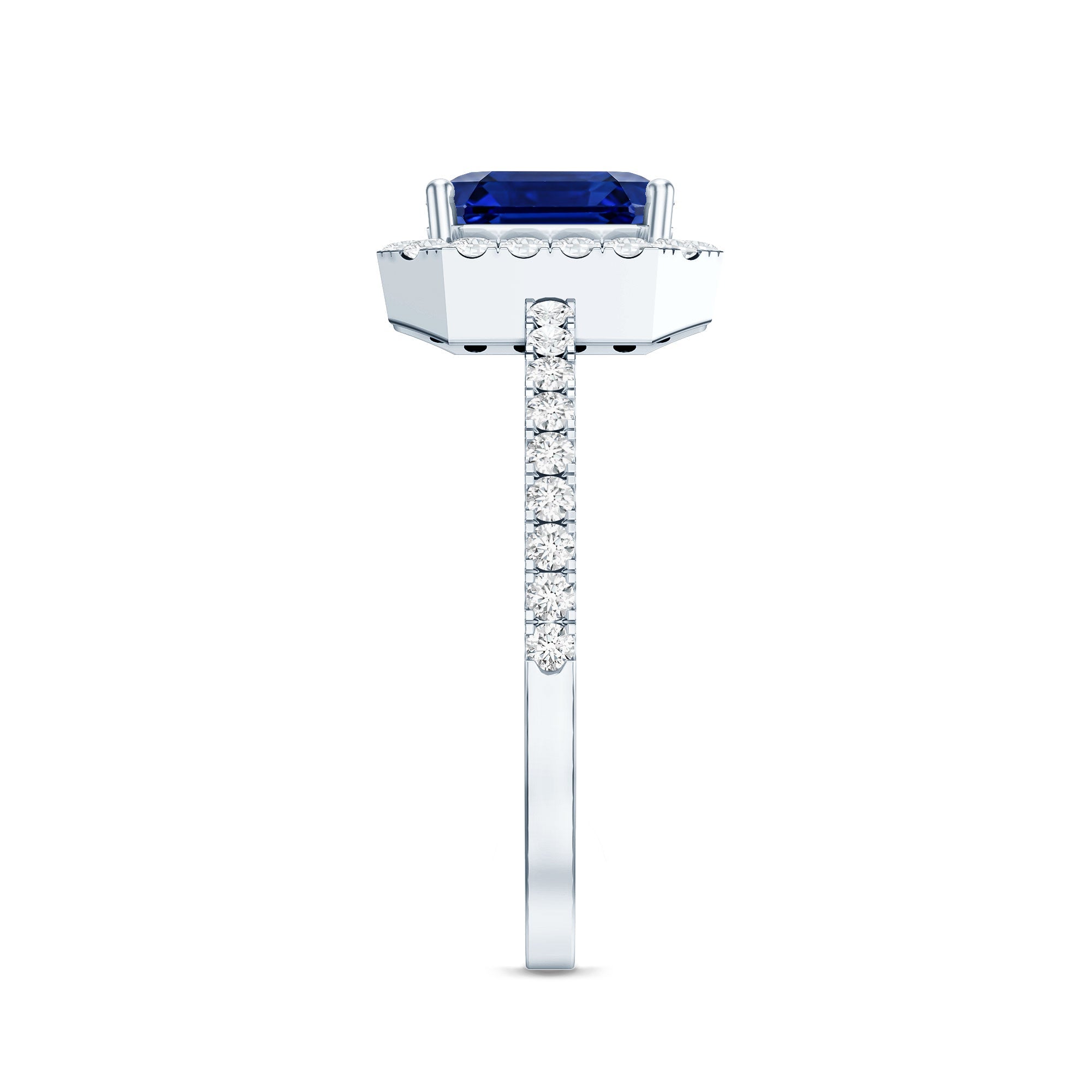 Certified 4.8 Carat Lab Grown Blue Sapphire Asscher Cut Engagement Ring with Diamond Halo