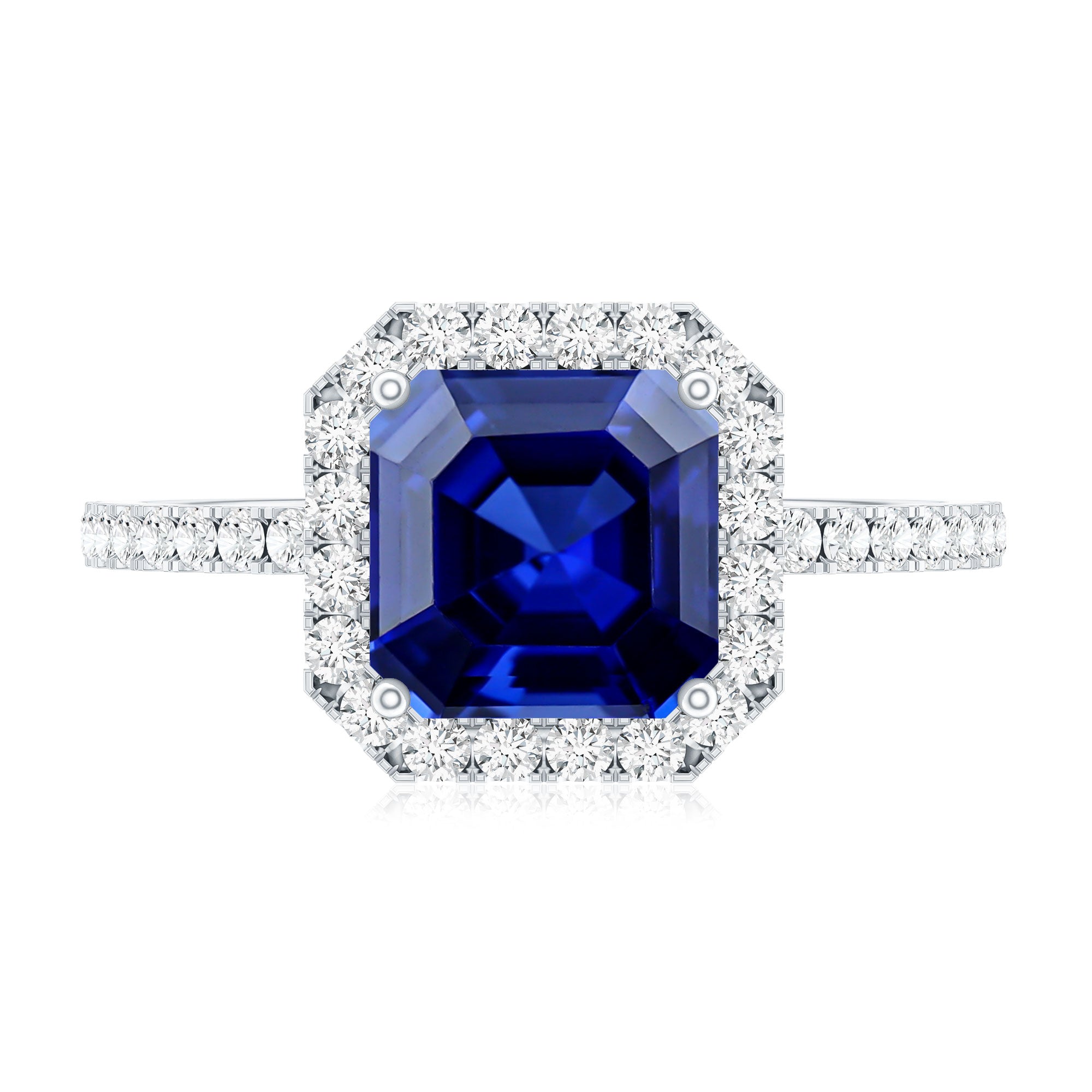 Certified 4.8 Carat Lab Grown Blue Sapphire Asscher Cut Engagement Ring with Diamond Halo
