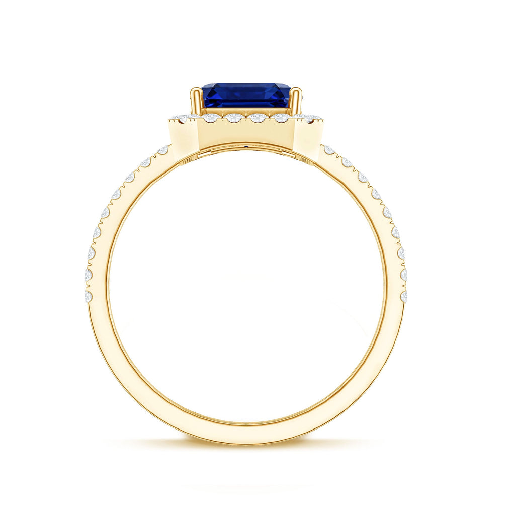 Certified 4.8 Carat Lab Grown Blue Sapphire Asscher Cut Engagement Ring with Diamond Halo