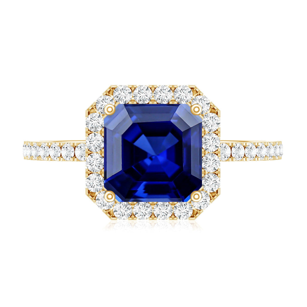 Certified 4.8 Carat Lab Grown Blue Sapphire Asscher Cut Engagement Ring with Diamond Halo