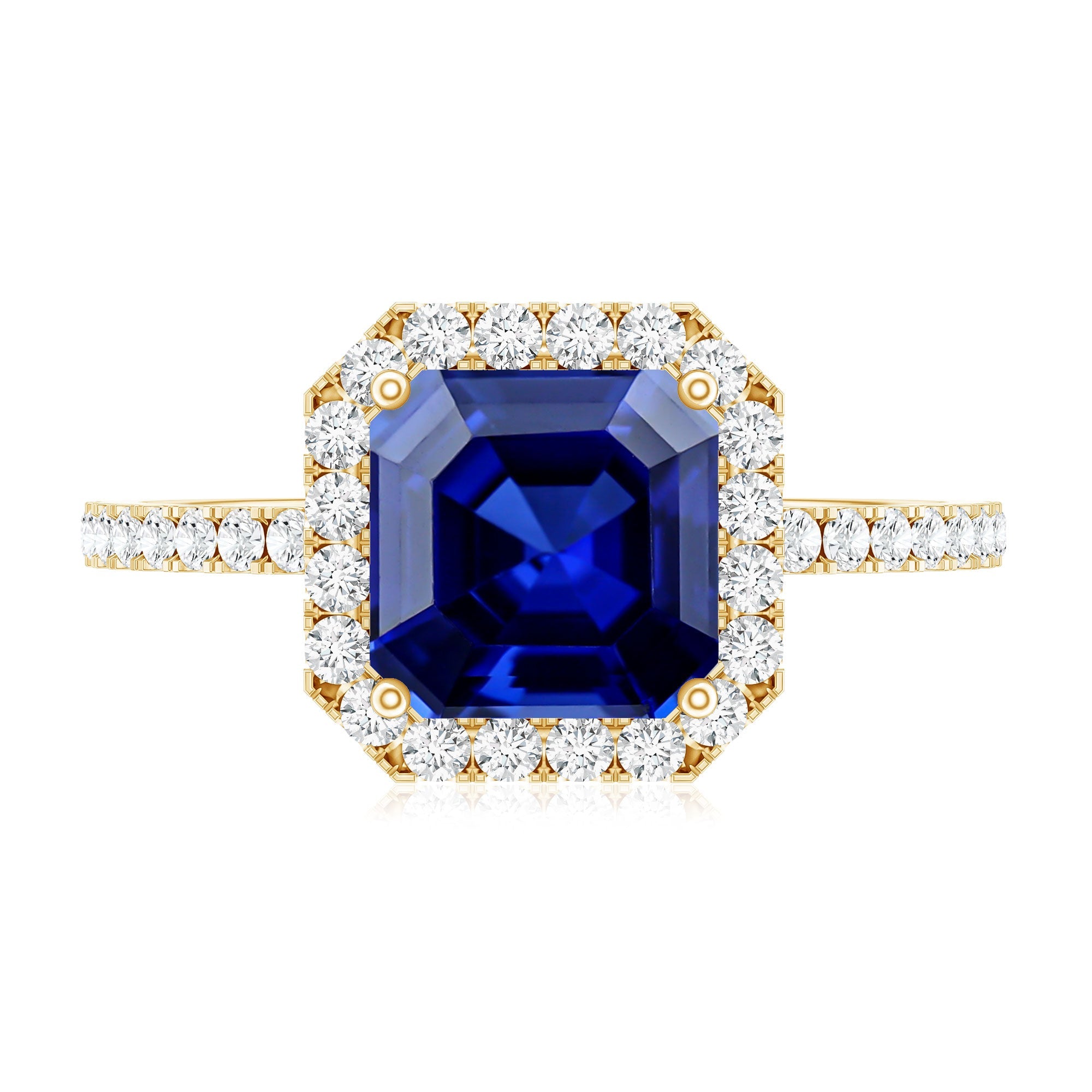 Certified 4.8 Carat Lab Grown Blue Sapphire Asscher Cut Engagement Ring with Diamond Halo