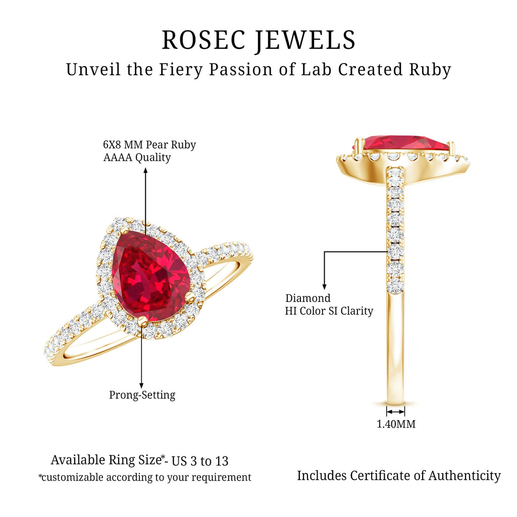 1 Carat Lab Created Ruby Teardrop Engagement Ring with Diamond Halo