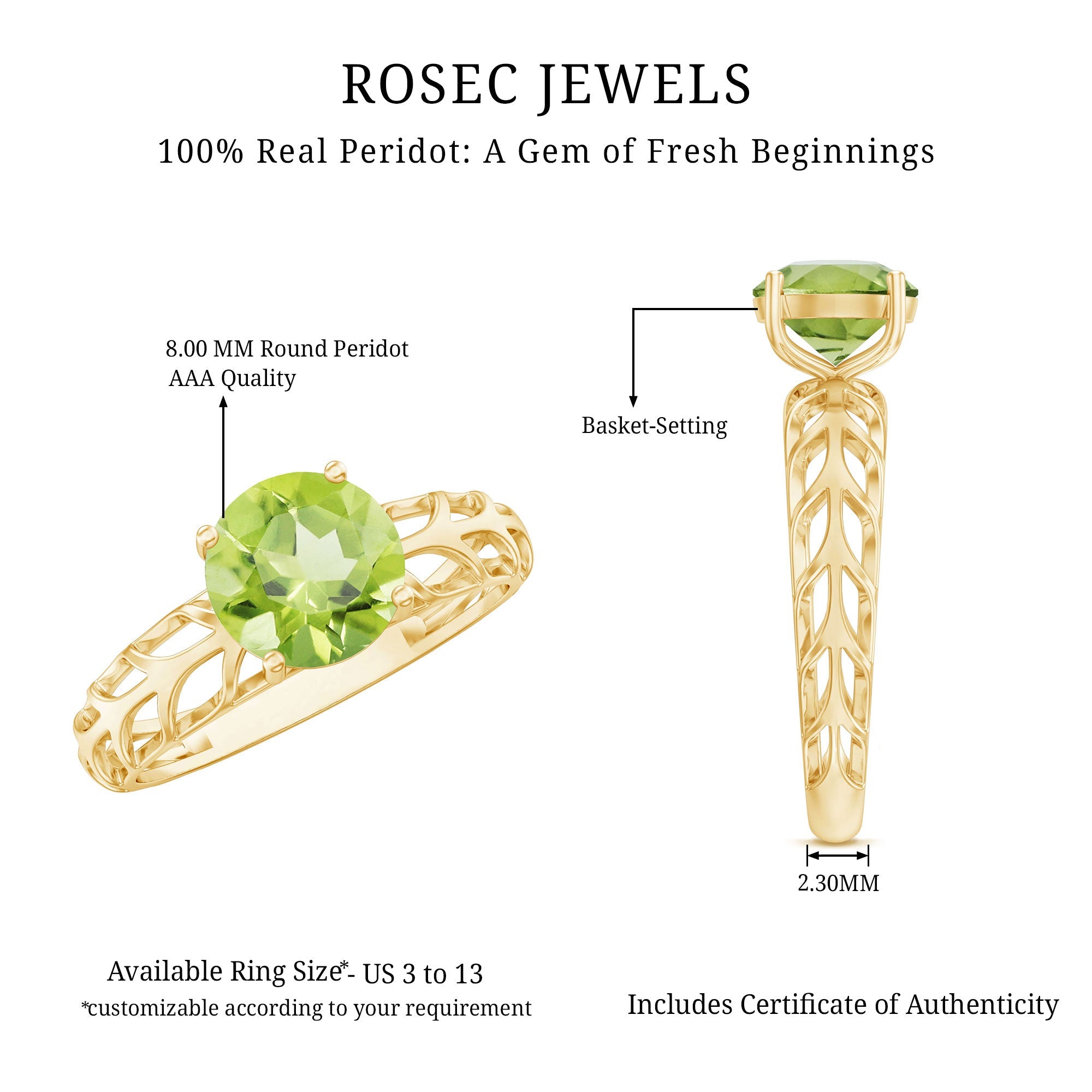Natural 2 Carat Round Shape Peridot Solitaire Engagement Ring