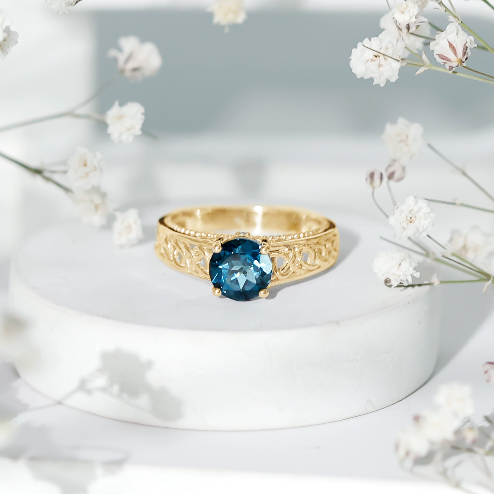 1.35 Carat Round London Blue Topaz Vintage Engagement Ring with Celtic Style Band