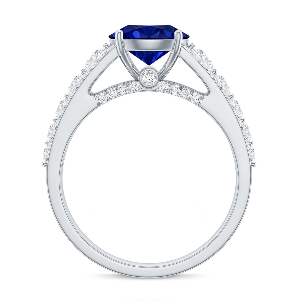 Solitaire Created Blue Sapphire Statement Engagement Ring with Moissanite