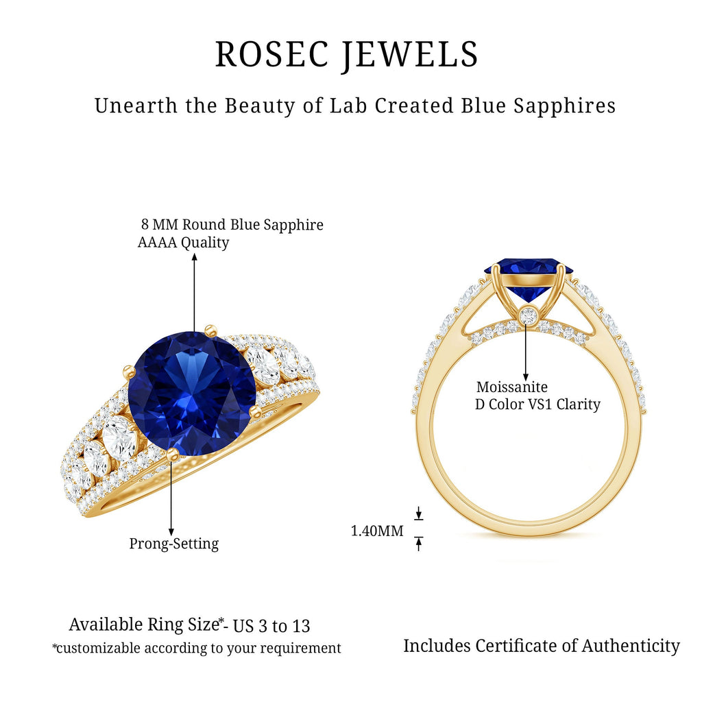 Solitaire Created Blue Sapphire Statement Engagement Ring with Moissanite