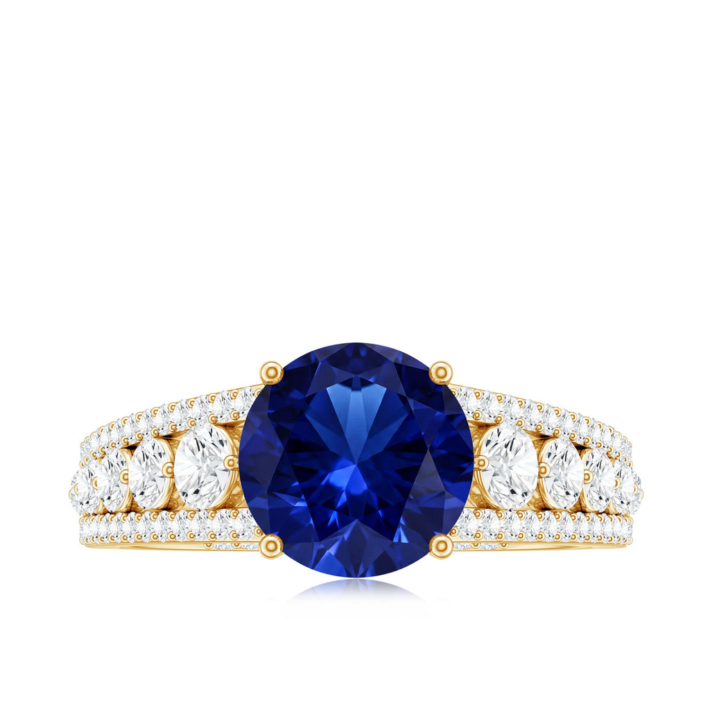Solitaire Created Blue Sapphire Statement Engagement Ring with Moissanite